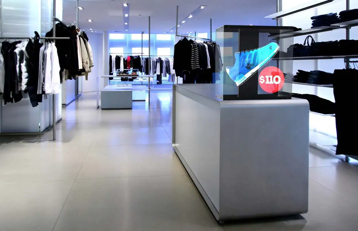 HYPERVSN 3D holographic display showcasing promotional sneakers in clothing store