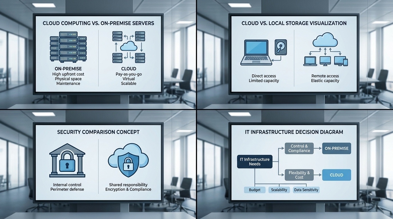 Four screens in a meeting room showing diagrams that compare cloud and on-premise servers, storage and security