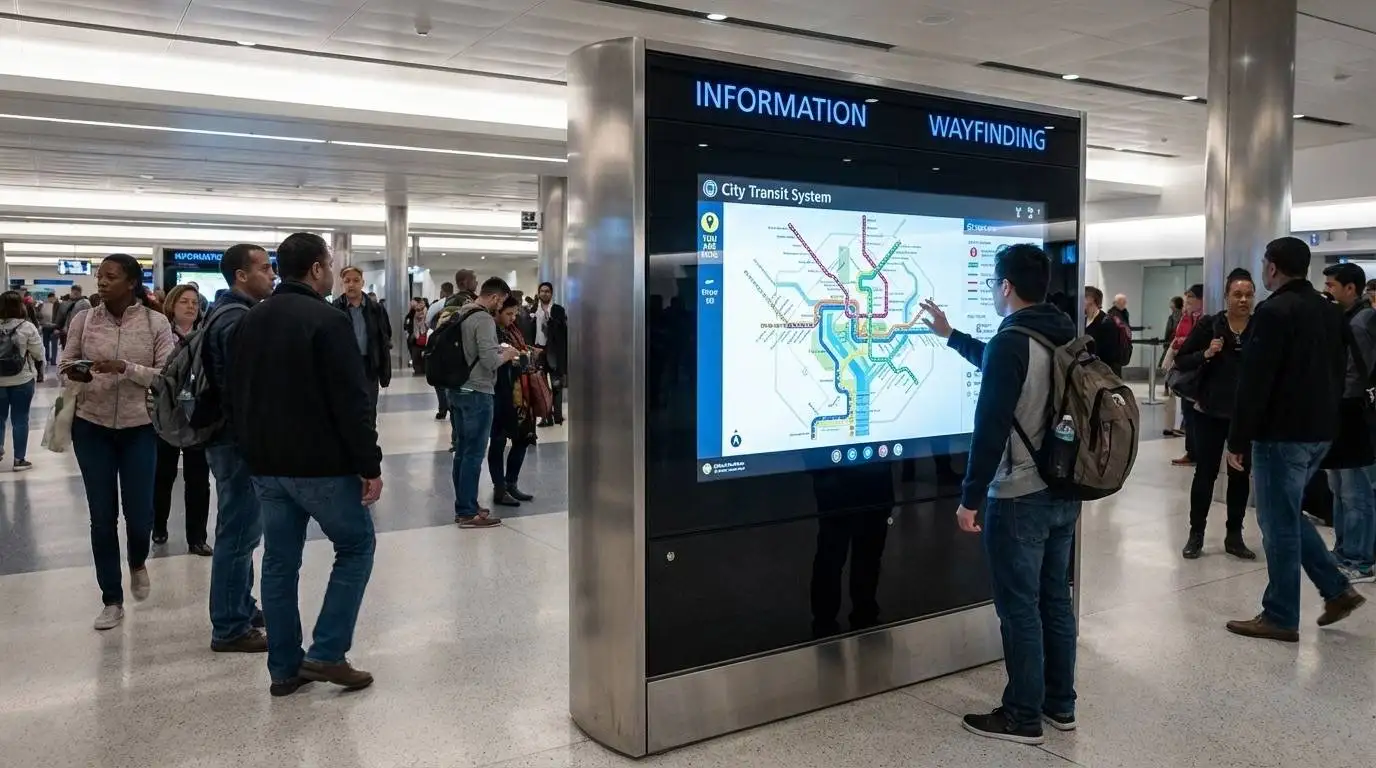 Homme consultant un plan des transports sur une borne tactile d’information et d’orientation, dans un hall animé