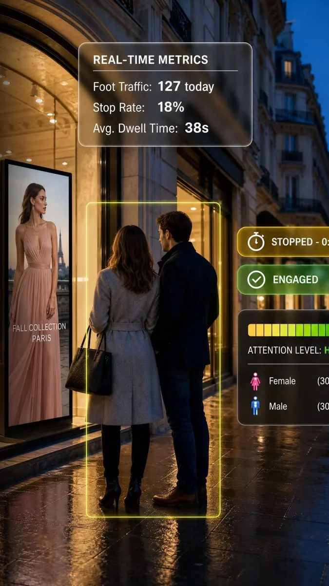 Shop window with a digital display and DATAVSN audience analytics overlaid in real time