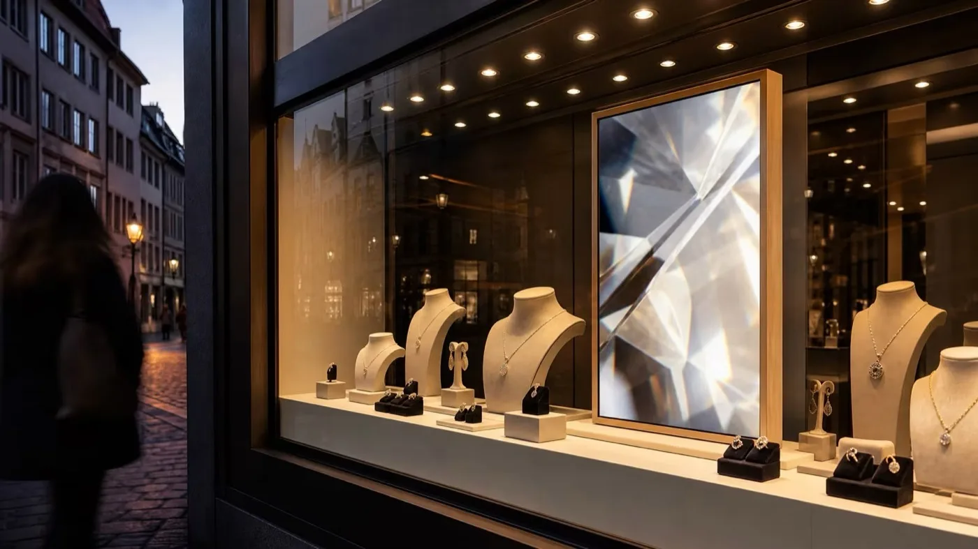 Jewellery shop window at dusk with a display screen built into the presentation