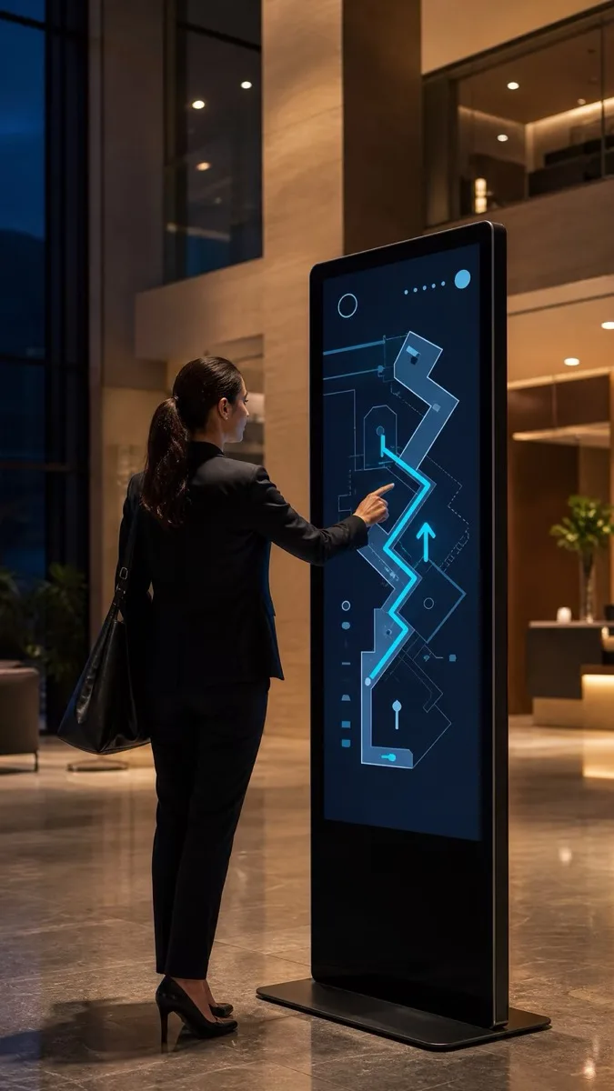 Visitor using a self-service wayfinding totem in a hotel lobby