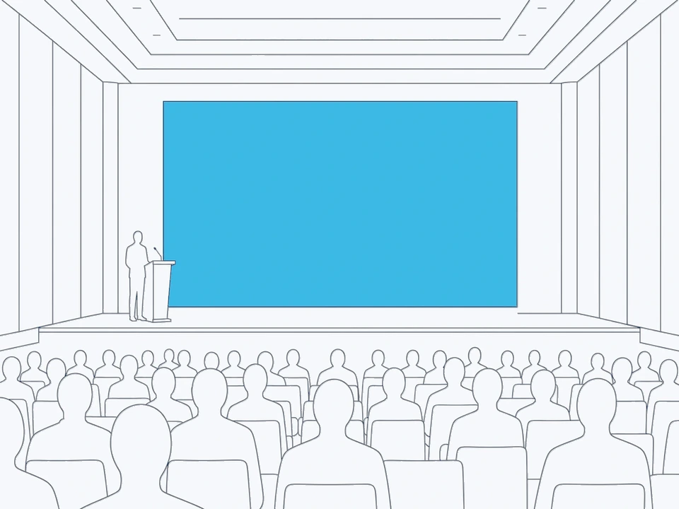 Illustration au trait d’un écran géant LED événementiel sur une scène de conférence, présentateur au pupitre, public vu de dos