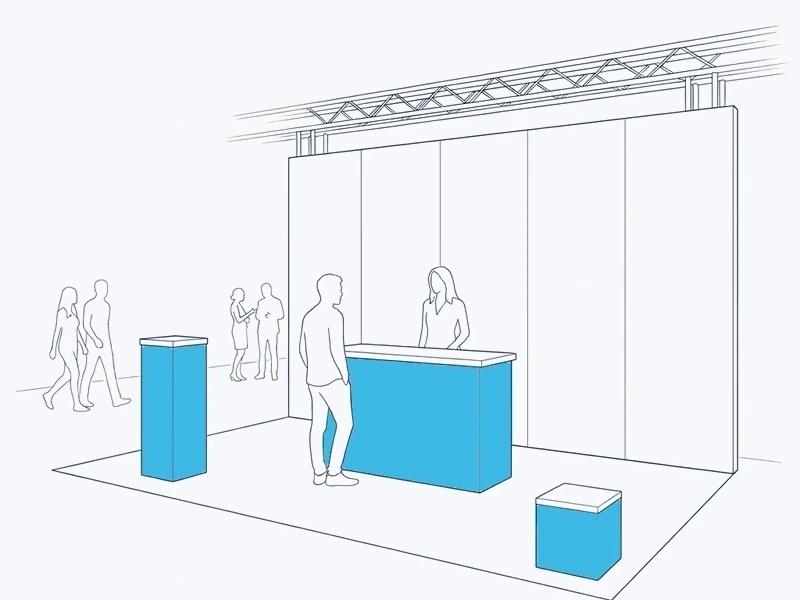 LED reception desk, standing table and coffee table on an exhibition stand