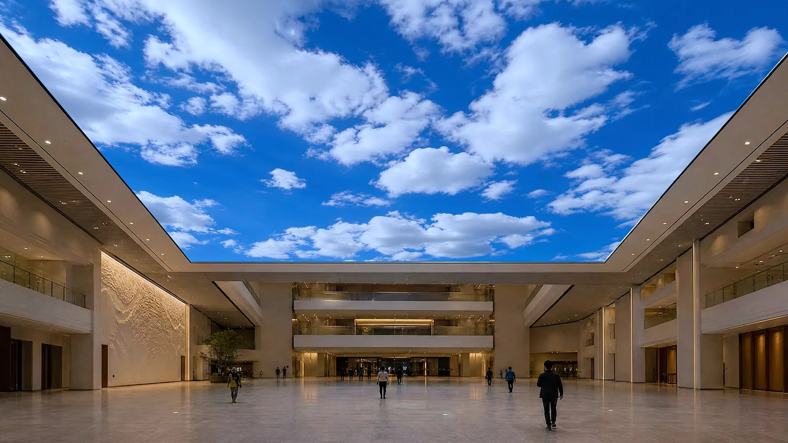 Atrium under an LED ceiling showing a blue sky with clouds, galleries on each floor