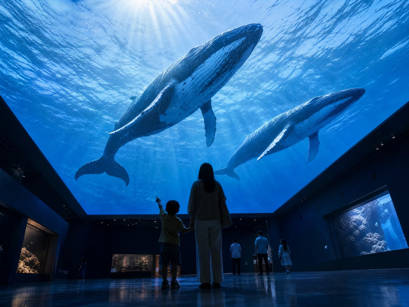 LED ceiling in an aquarium hall, whales passing above the visitors