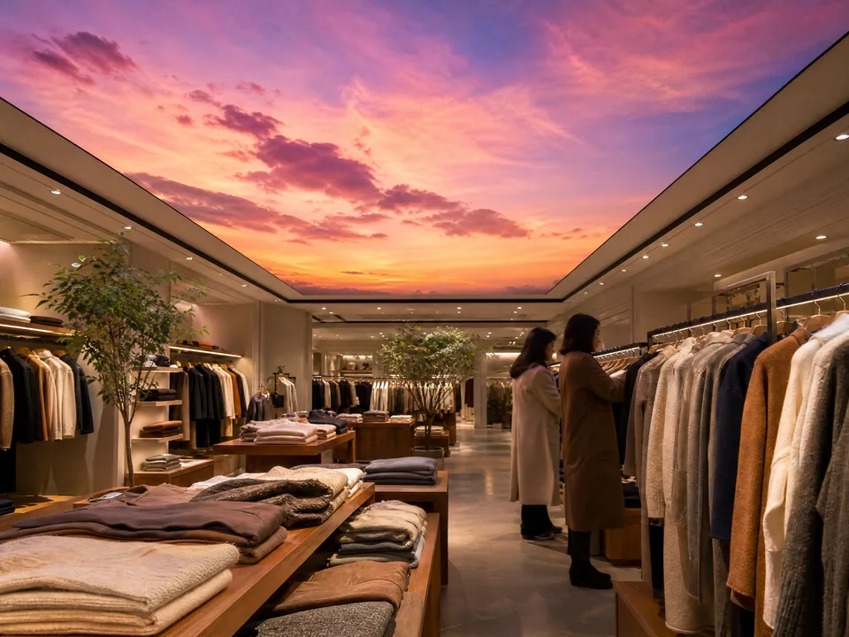 Clothing store with an LED ceiling showing a pink and purple sunset sky above the rails and tables