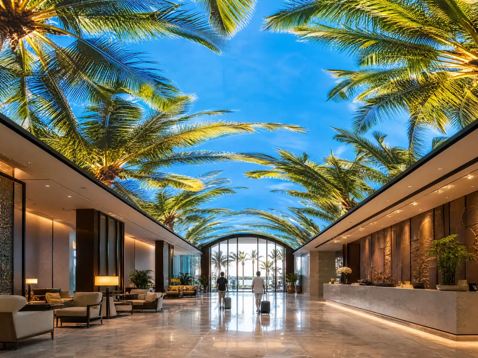 LED ceiling above a hotel lobby, palm trees against a blue sky