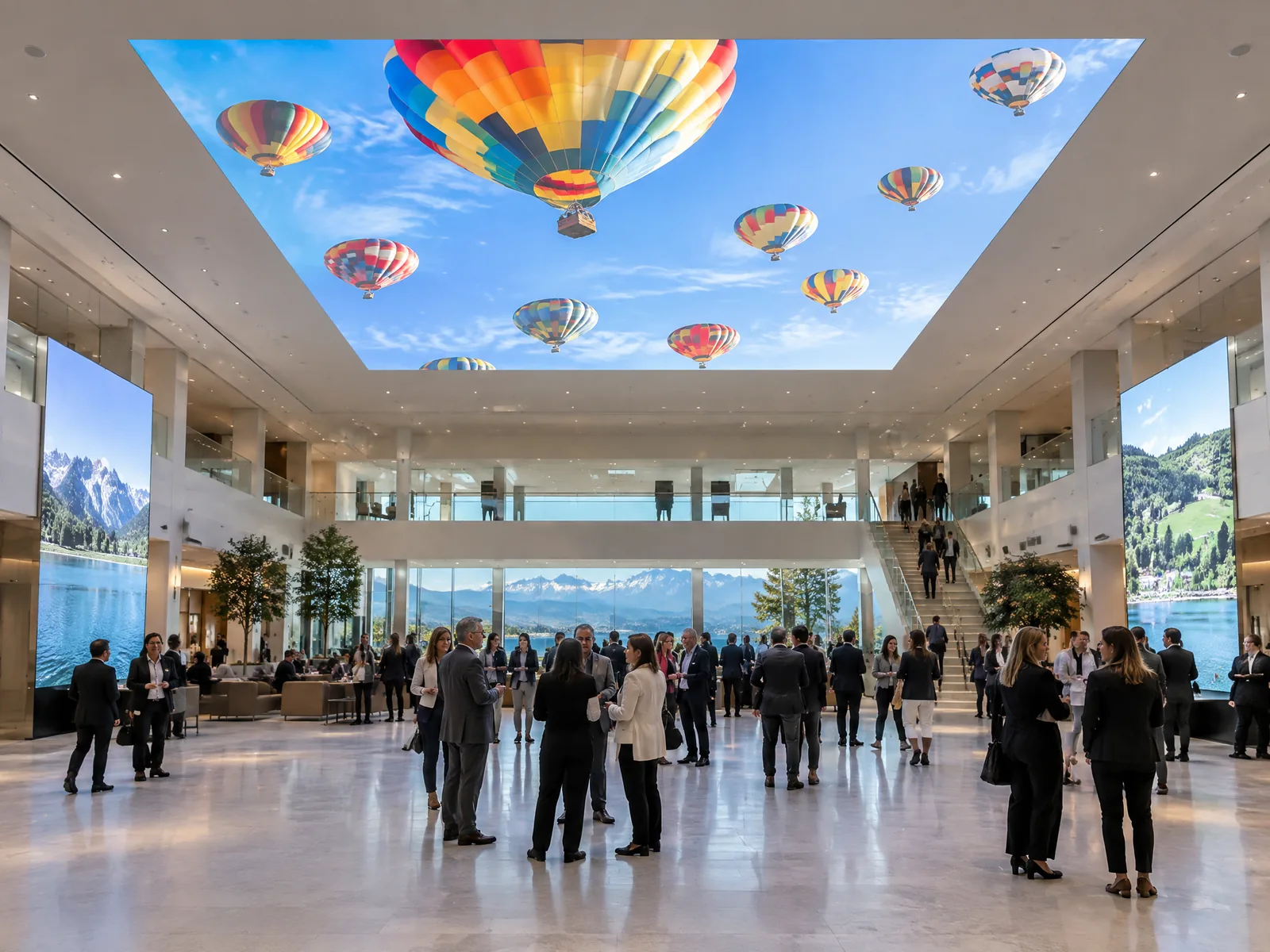 LED ceiling above an atrium, hot-air balloons in a blue sky, visitors gathered below
