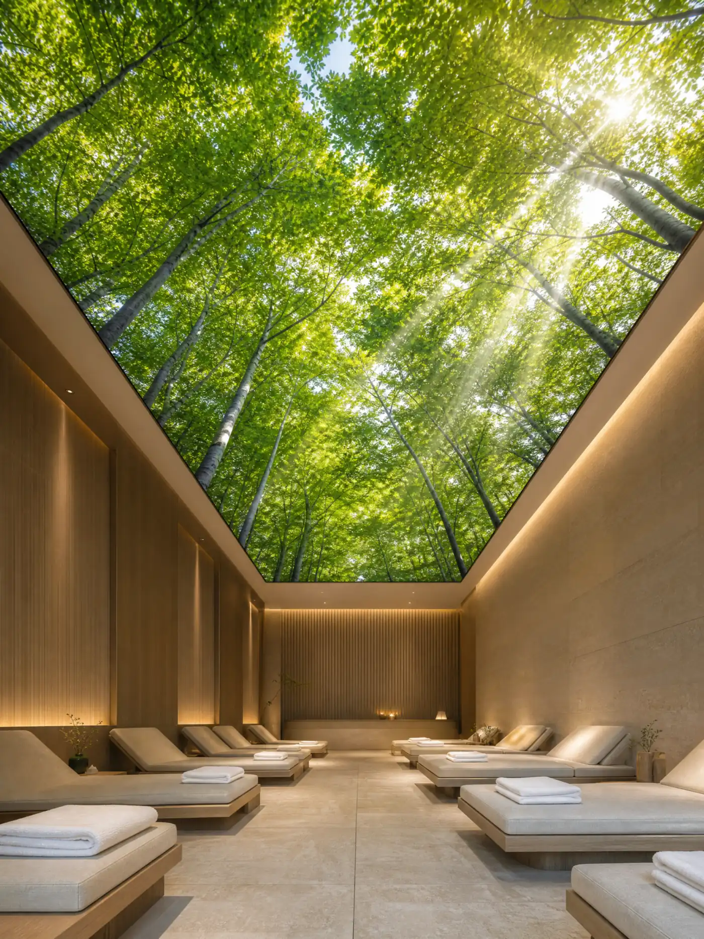 Plafond LED montrant une image au mouvement lent au-dessus d’une salle