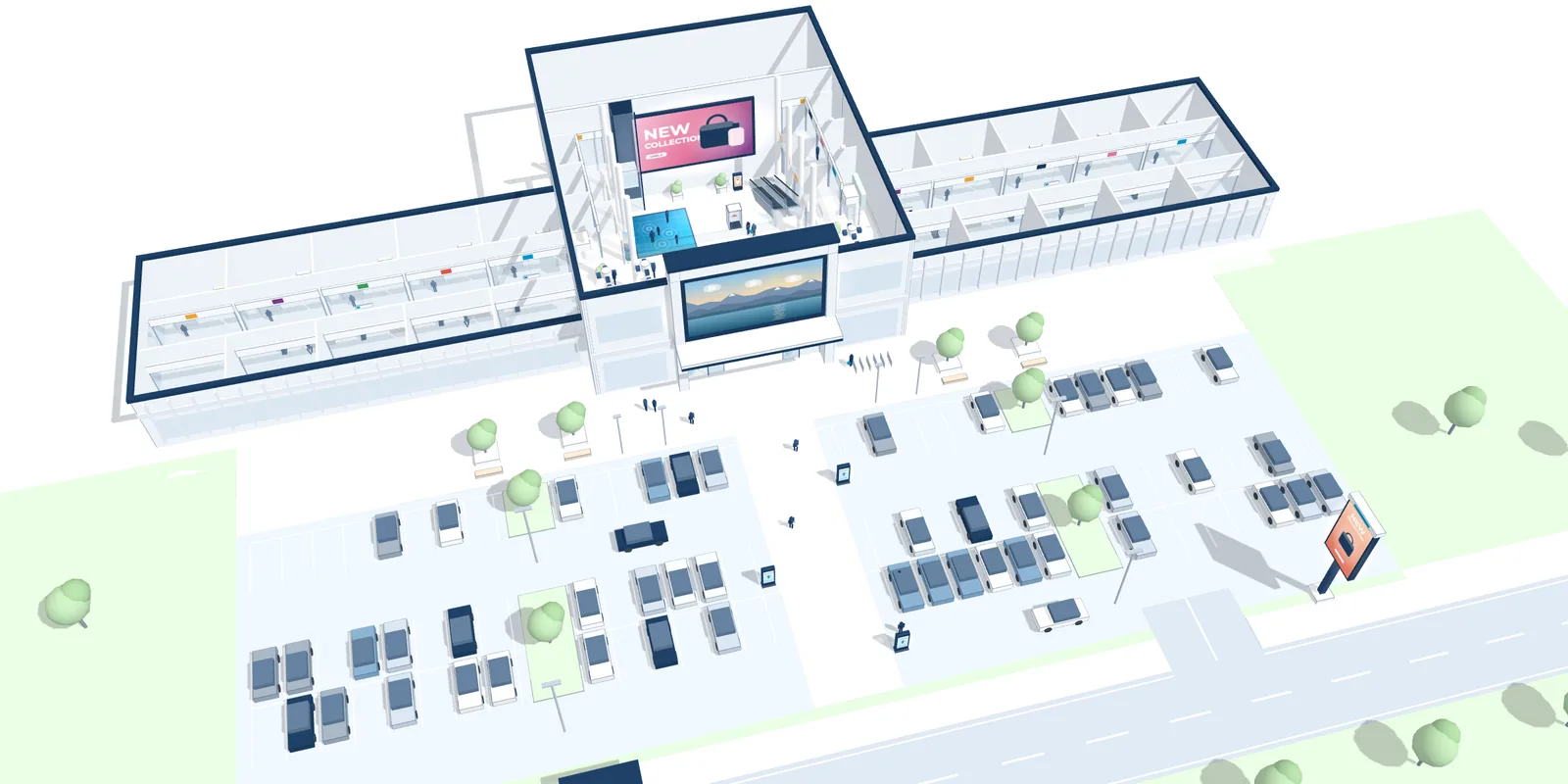 The shopping centre of the visit seen from above, its five zones numbered: road and car park, entrances, atrium, aisles, food court on level 1; the screens DATAVSN runs are marked