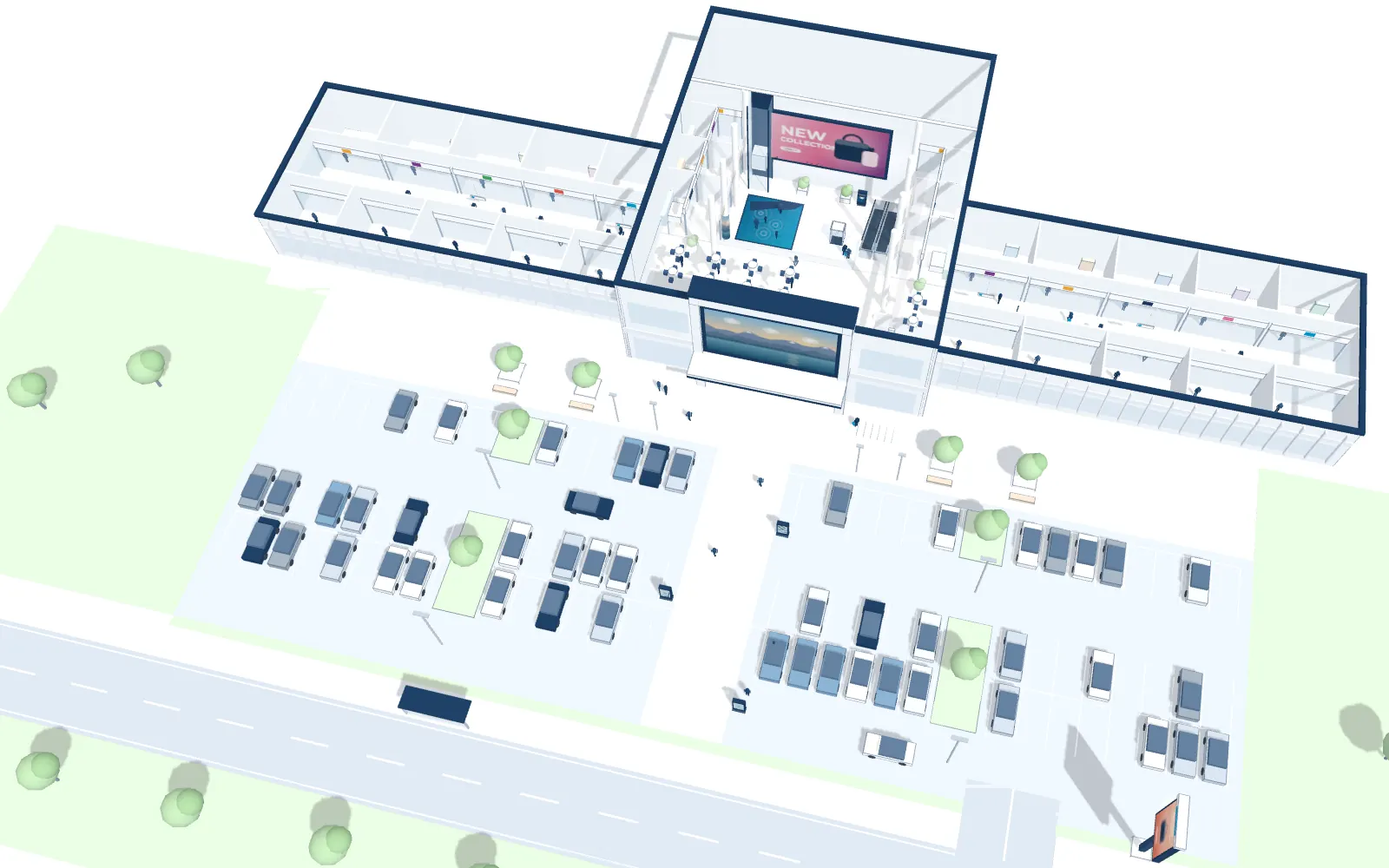 The 3D shopping centre of its page seen from above: the road, the car park, the façade and the malls