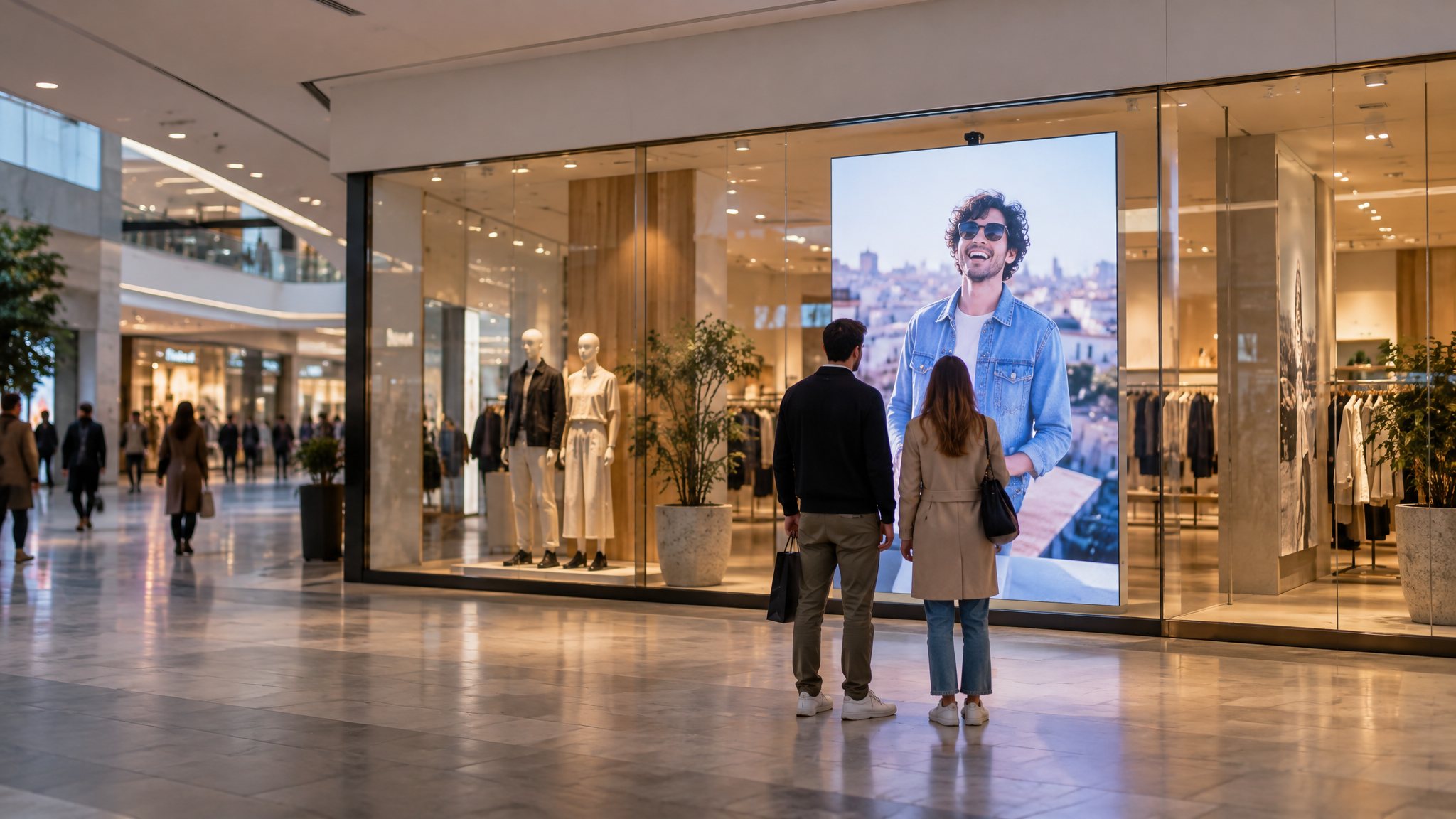 Fashion store window in a shopping centre with a portrait LED screen and a small camera on its top edge