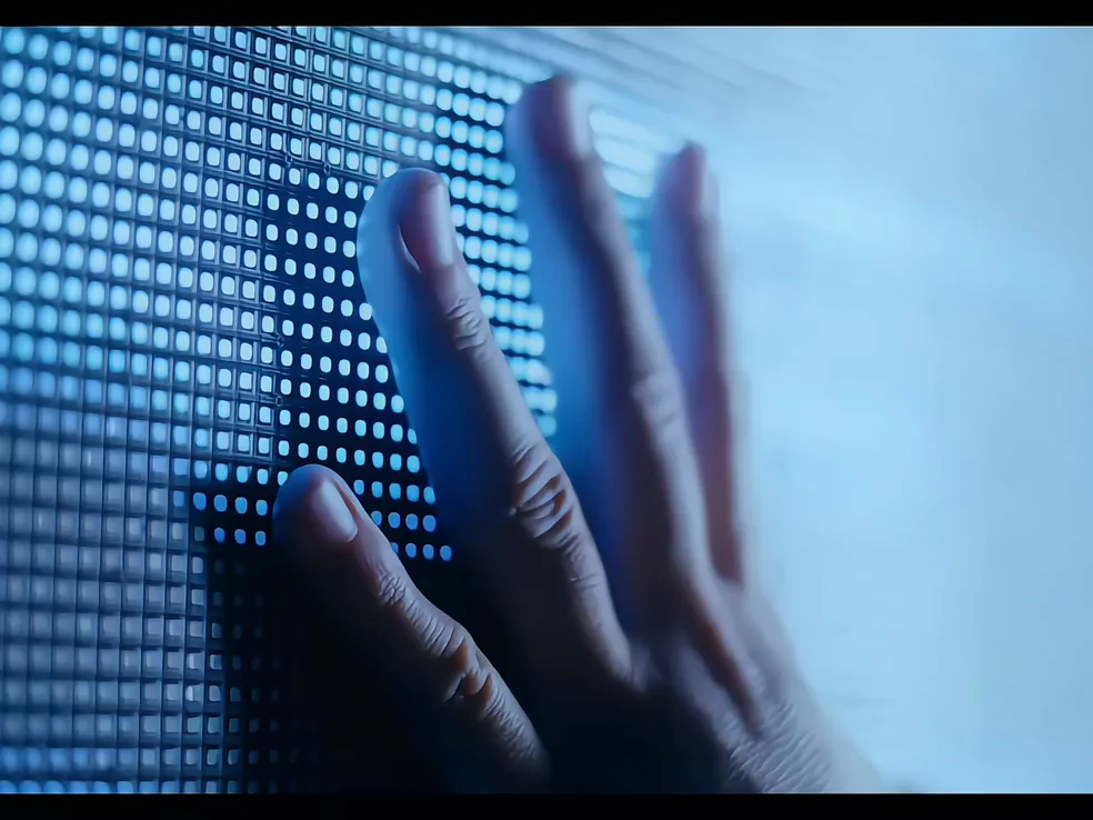 Close-up of a P2.6 LED panel lit in blue, a hand resting on the pixels