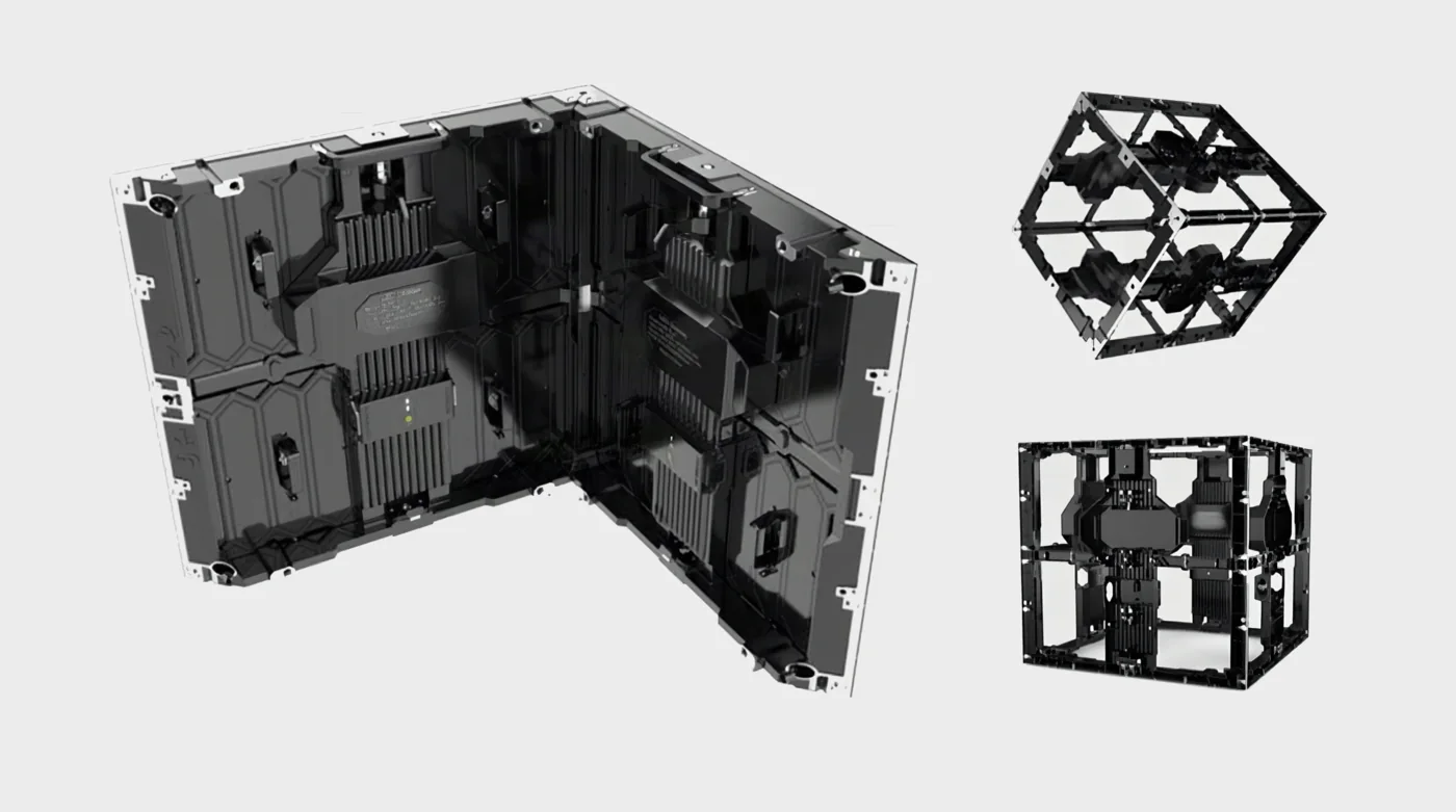 Rendu technique de modules LED vus de dos : un module d’angle joignant deux dalles LED à angle droit, un cadre de cube et un cube de modules LED