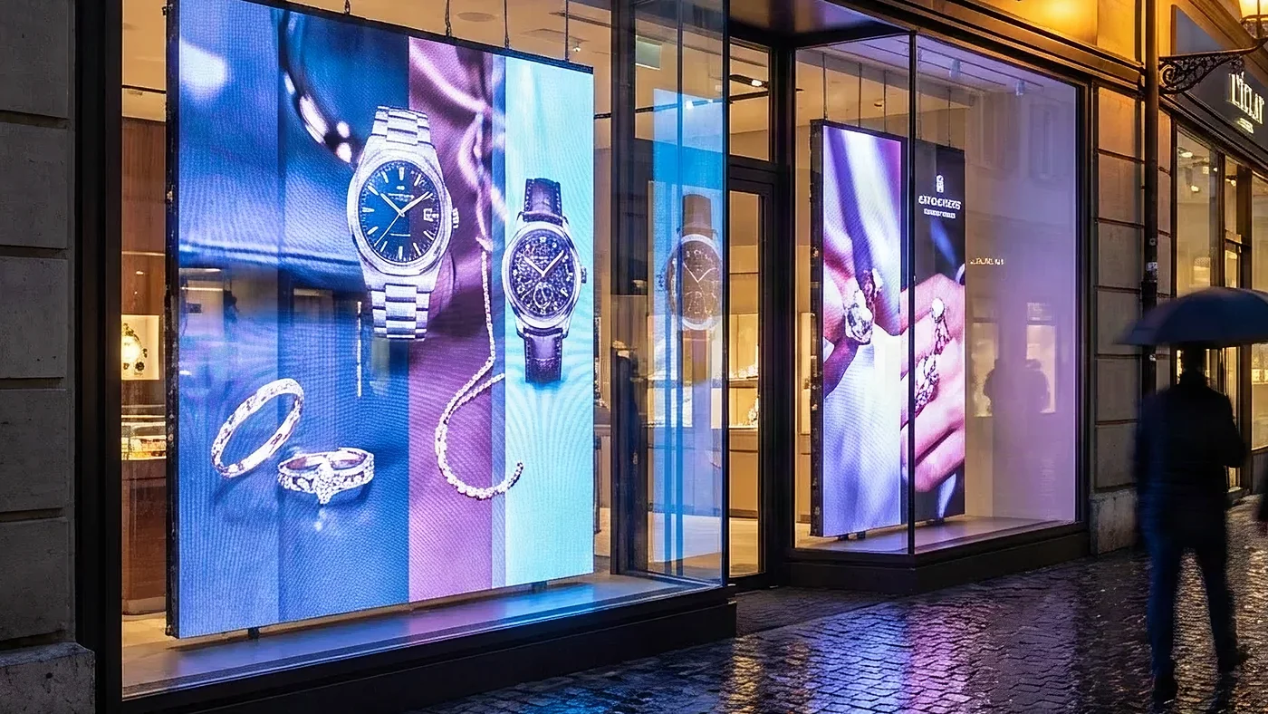 Window LED screens in a jewellery shop front at dusk