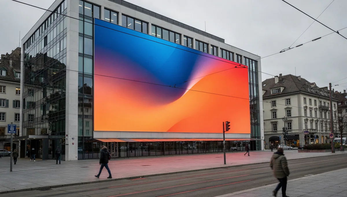 Large outdoor LED screen on the façade of an office building above a city street, an abstract gradient on screen, passers-by below