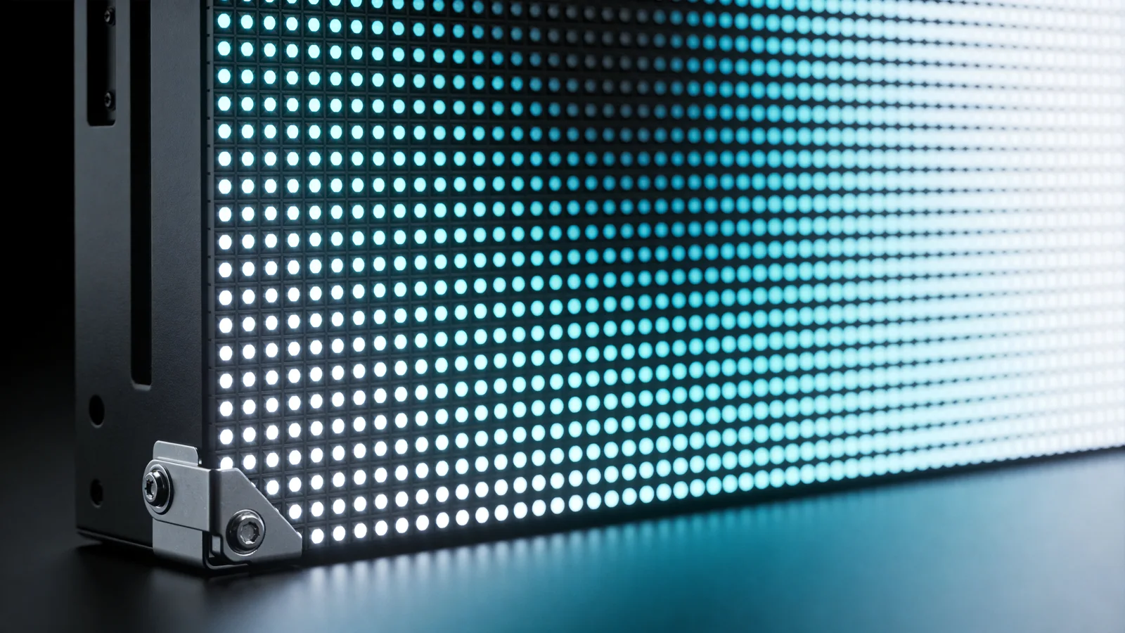 Close-up of an LED panel: SMD pixels lit in cyan and white on the black mask, aluminium cabinet edge and corner bracket