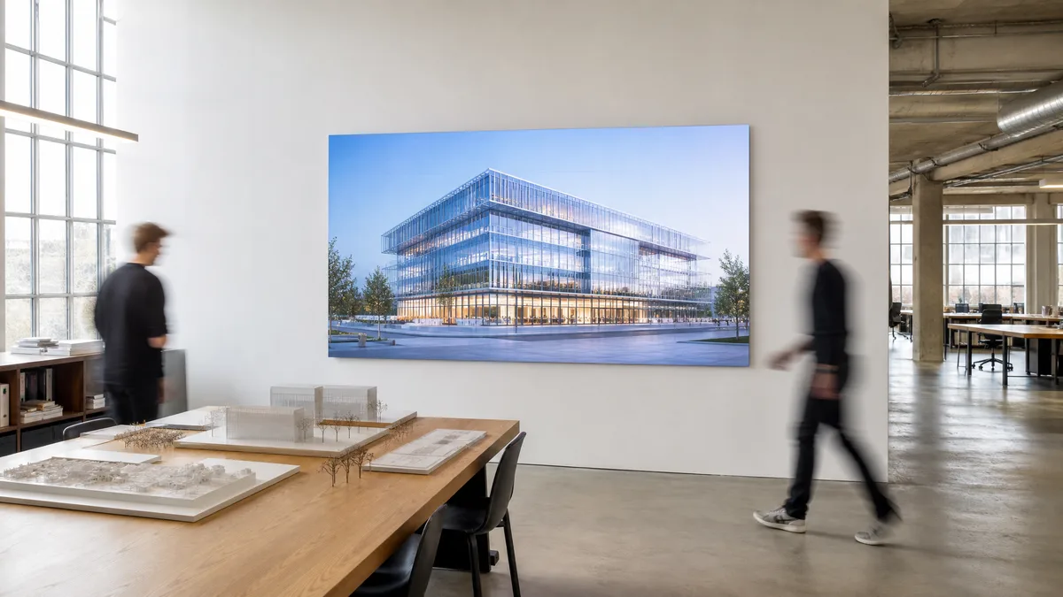 Architects’ studio with an LED wall showing a glass building, models on the table, two people walking past