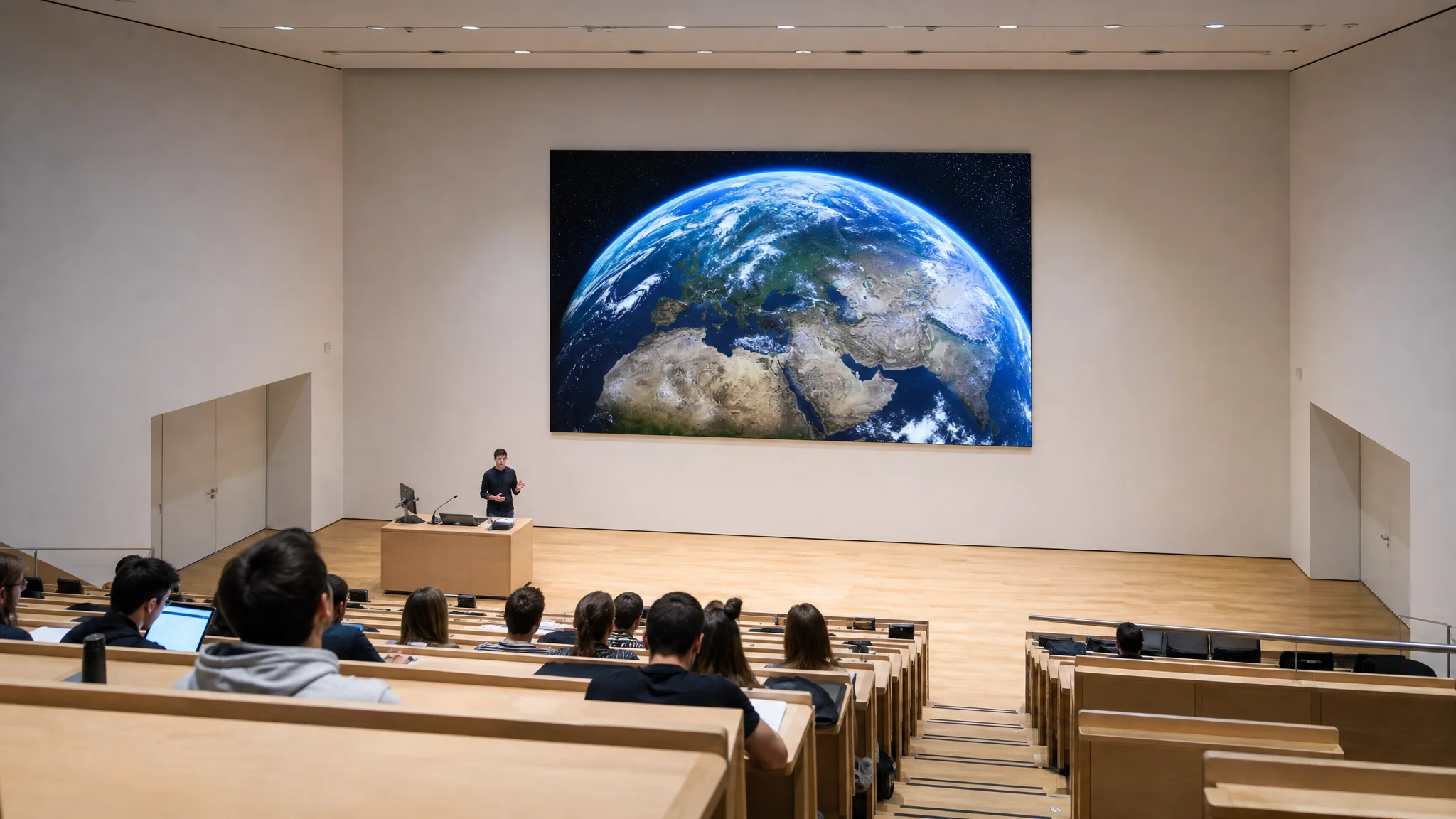 University lecture hall, a large LED wall showing the Earth behind the lecturer, students in the rows
