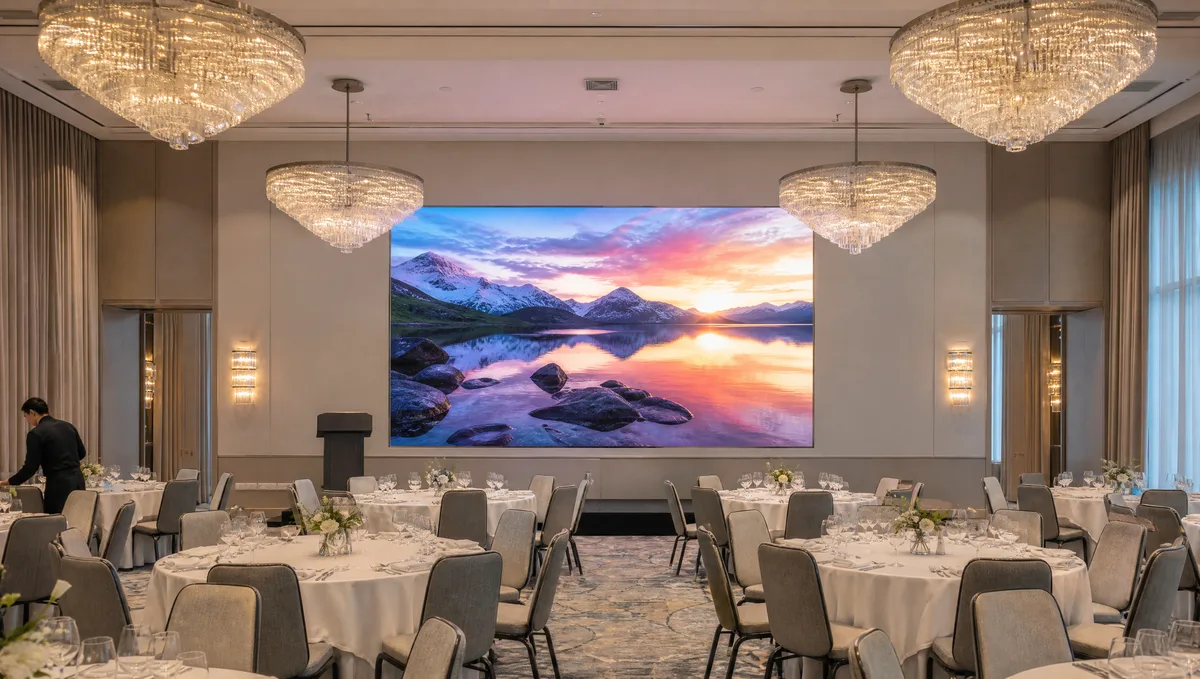 Ballroom set for a gala, round tables laid under chandeliers, an LED wall behind the stage showing a lake at sunset