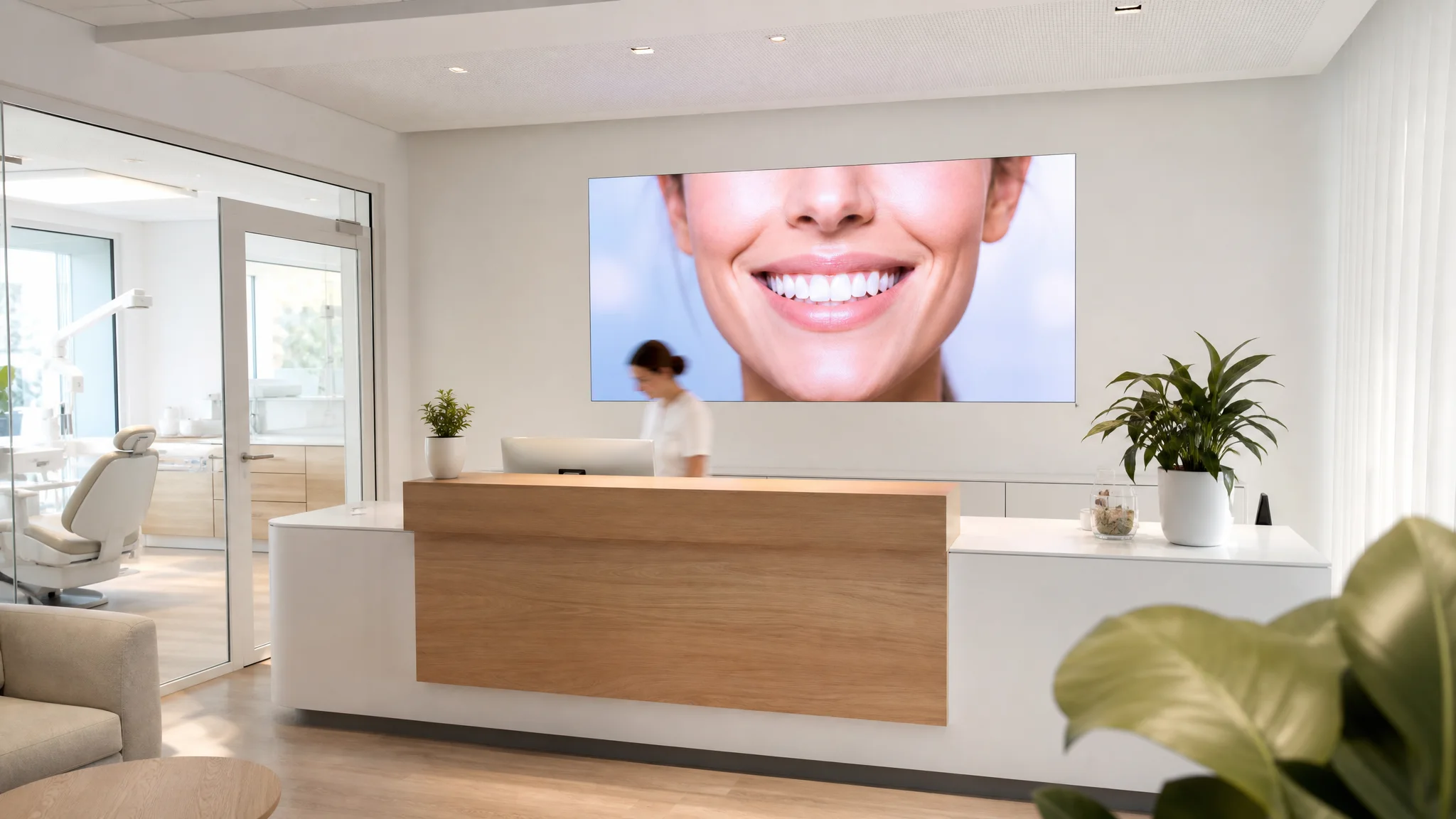 Bright clinic reception, an LED screen above the desk showing a smile, a receptionist at work