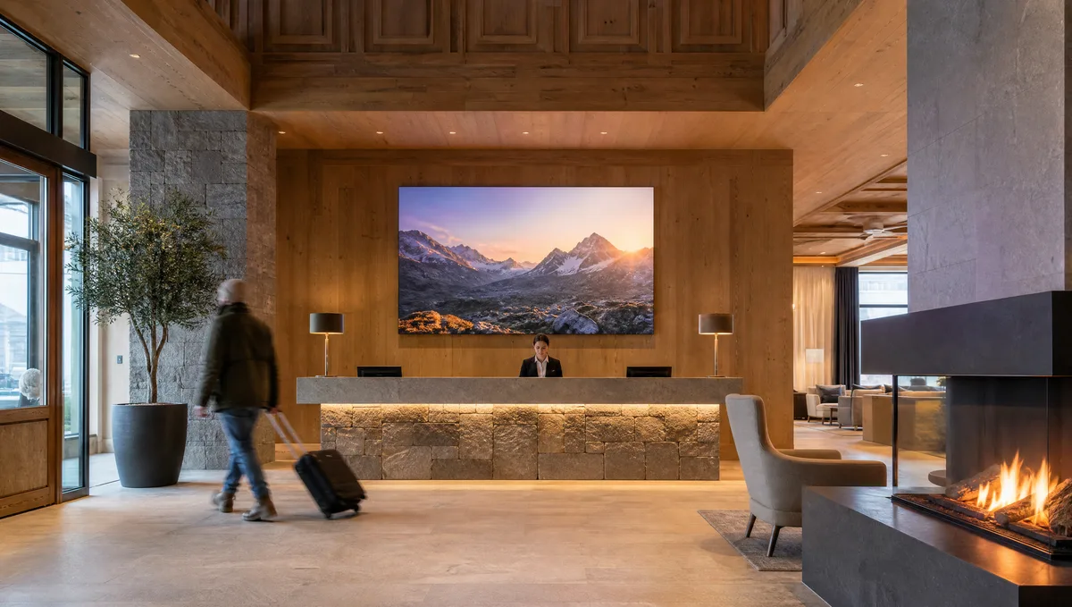 Alpine hotel lobby in wood and stone, an LED wall behind the reception showing a mountain landscape, a fireplace and a traveller