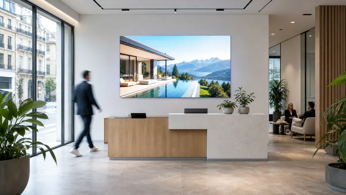 Company lobby with a wooden reception desk, an LED wall behind it showing a house by a lake, a man walking in