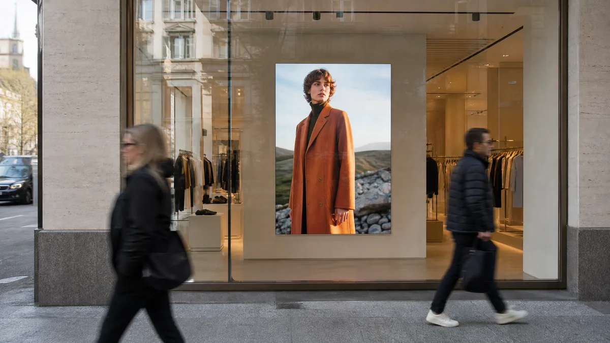 Portrait LED screen behind the glass of a fashion boutique, people walking past