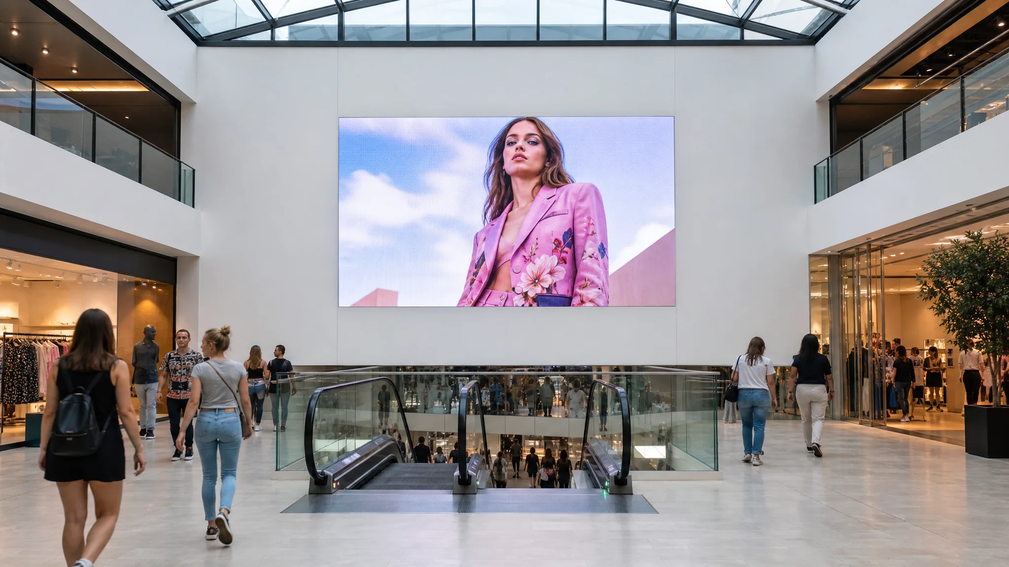 Giant LED screen above the escalators of a shopping-centre atrium, glass balustrades on each floor