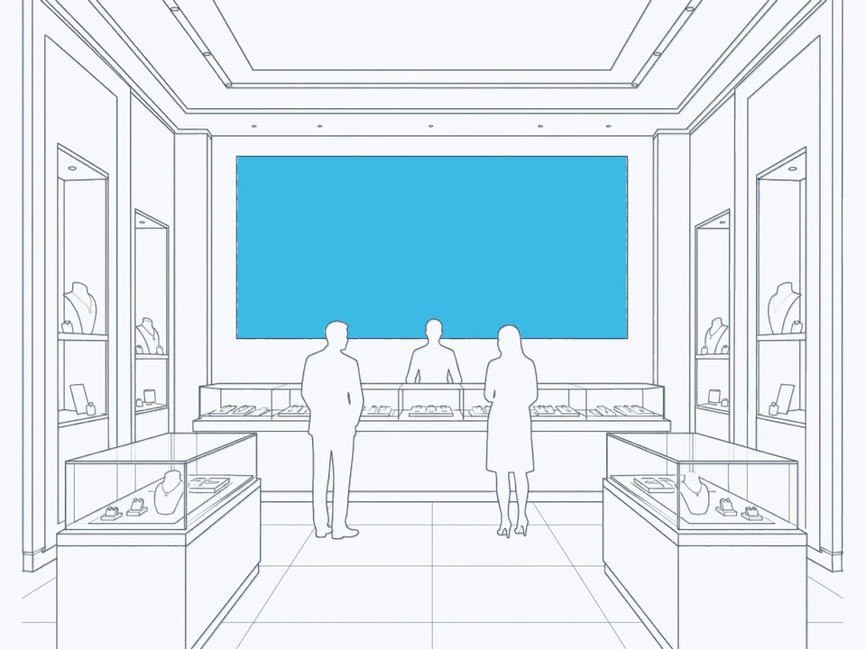 Illustration au trait d’un écran géant LED fixe sur le mur du fond d’une bijouterie