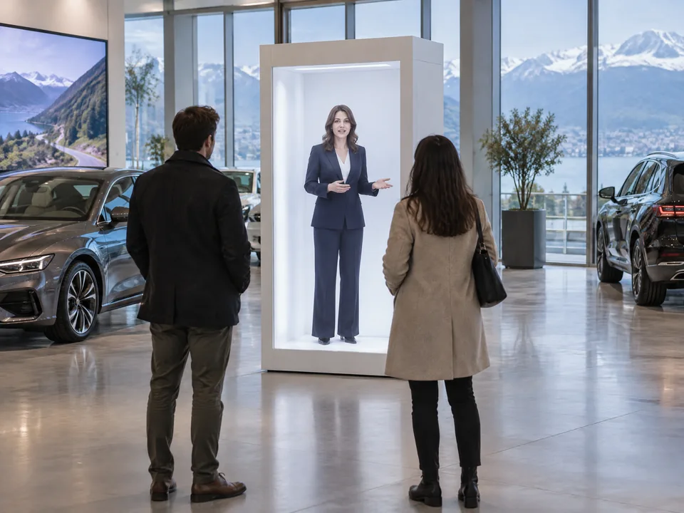 HoloBox showing a life-size presenter in a showroom