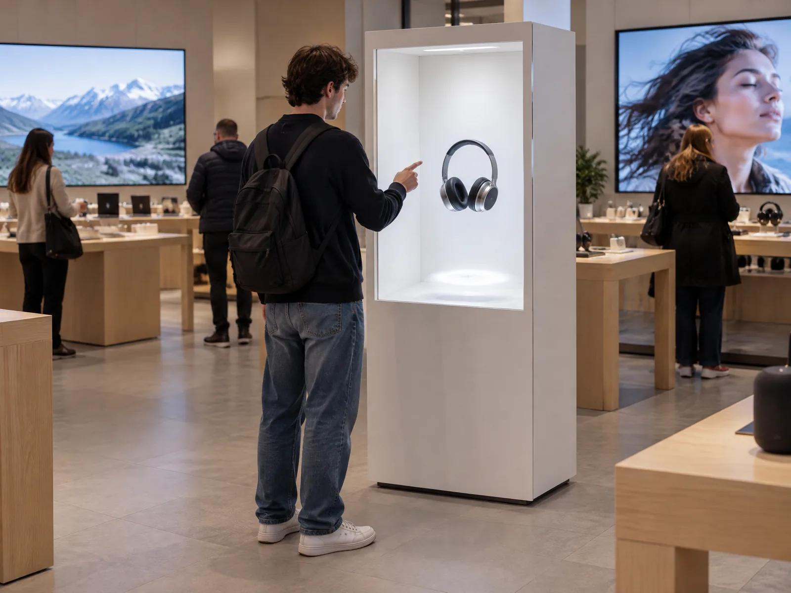 HoloBox in a store, headphones floating inside, a visitor pointing at them