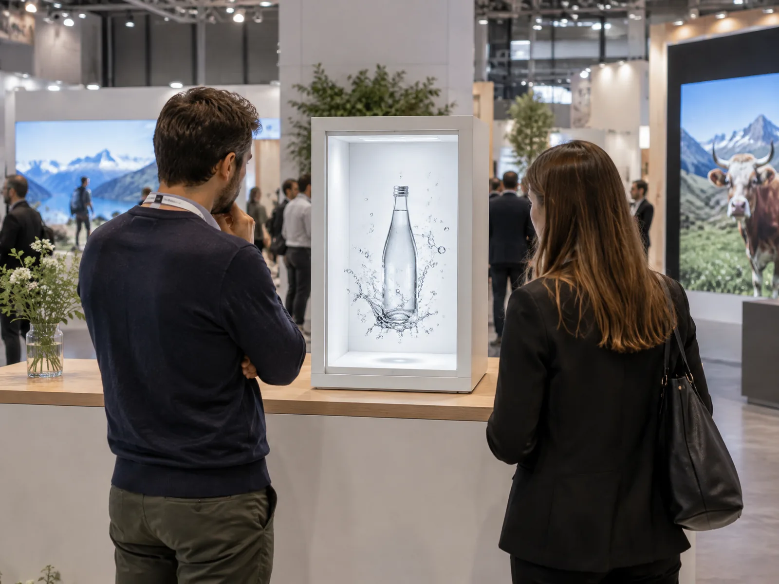 32-inch HoloBox on the counter of a trade-show stand, a bottle in a splash of water inside, two visitors watching