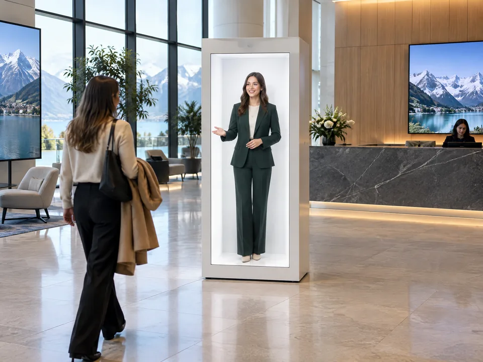 HoloBox showing a life-size figure in a lobby