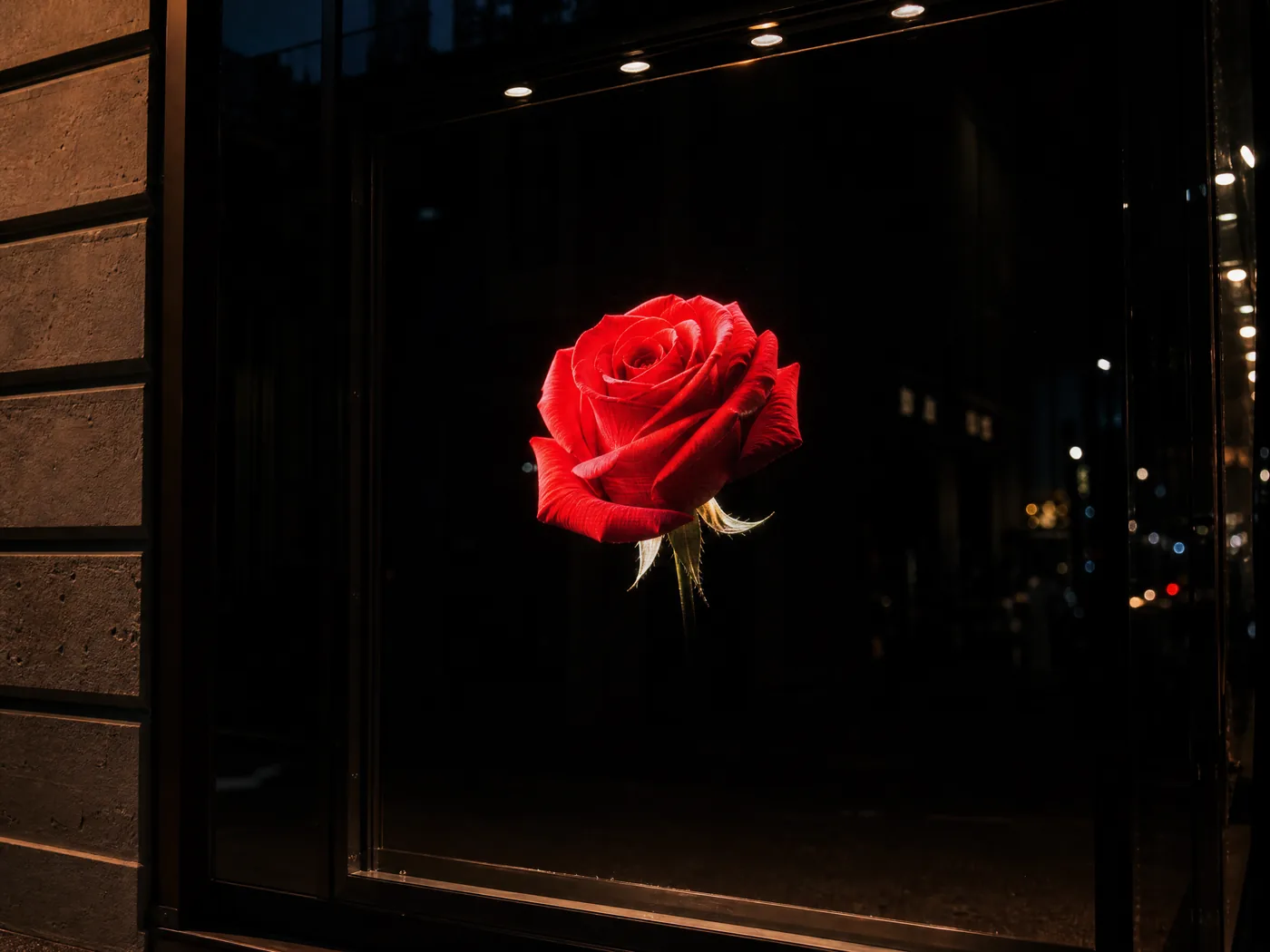 Picture that seems to float in space behind a shop window at night