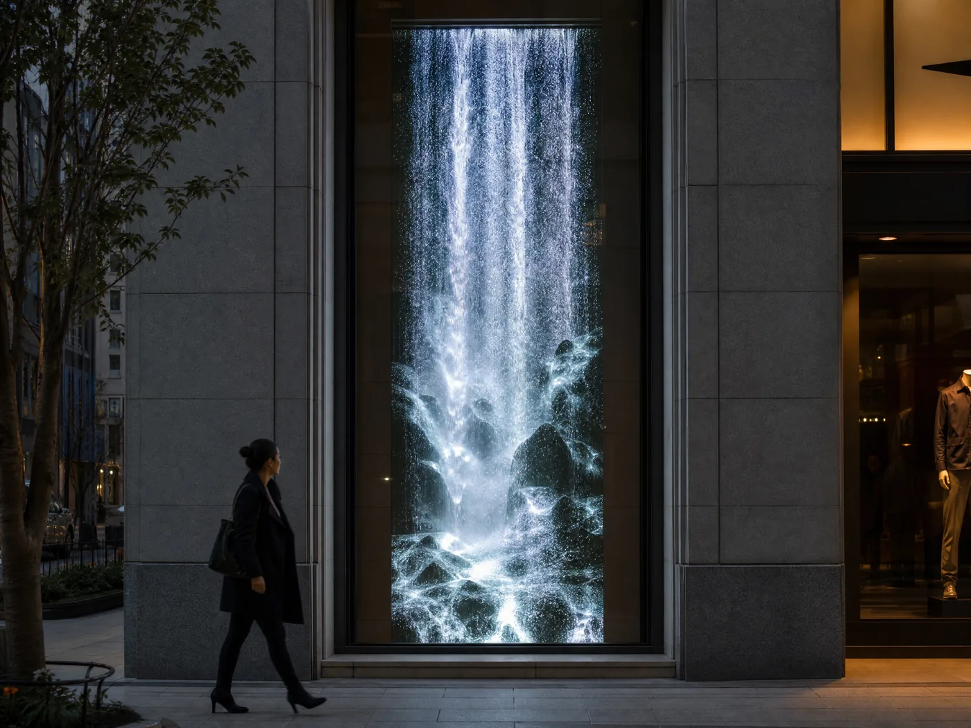 Full-height shop window covered by an invisible holographic LED screen with no horizontal joint