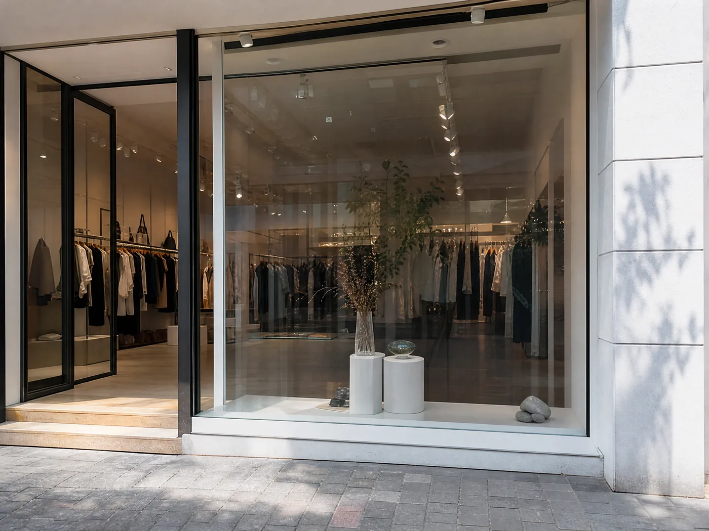 Shop window by day, the holographic LED screen invisible behind the glass