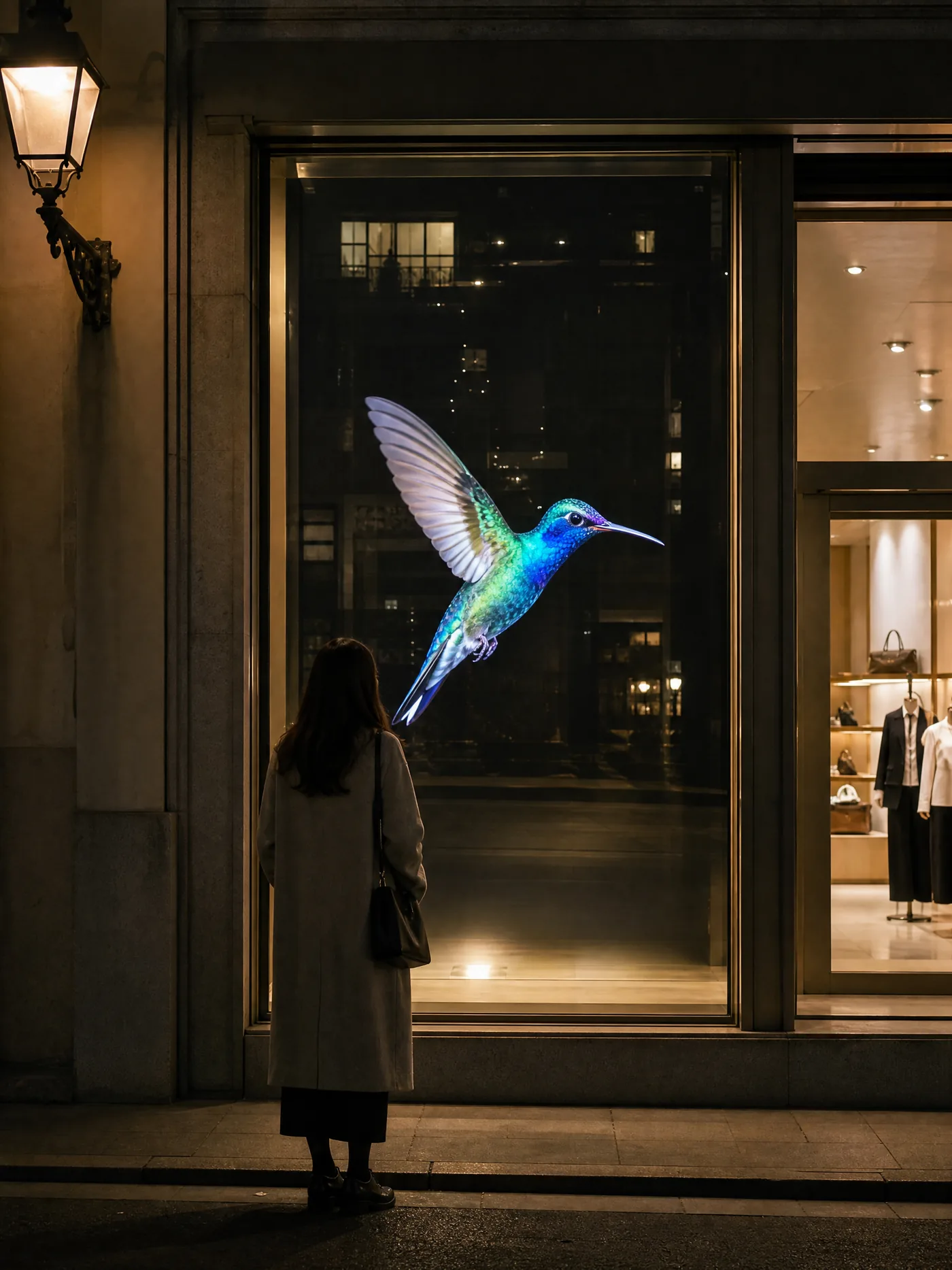 Shop window at night with a picture floating behind the glass