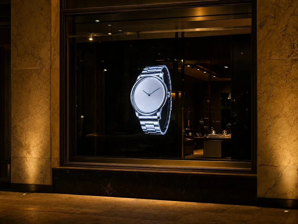 Luxury shop window at night with a floating picture behind the glass