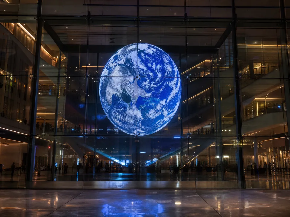 Atrium with a floating picture on a glazed wall