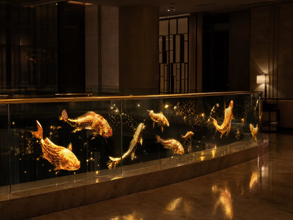 Glass balustrade carrying an invisible holographic LED screen