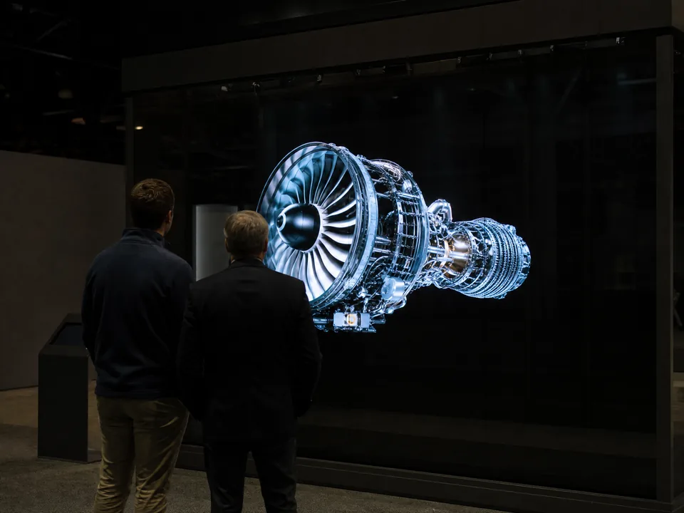 Exhibition stand with a floating picture on glass