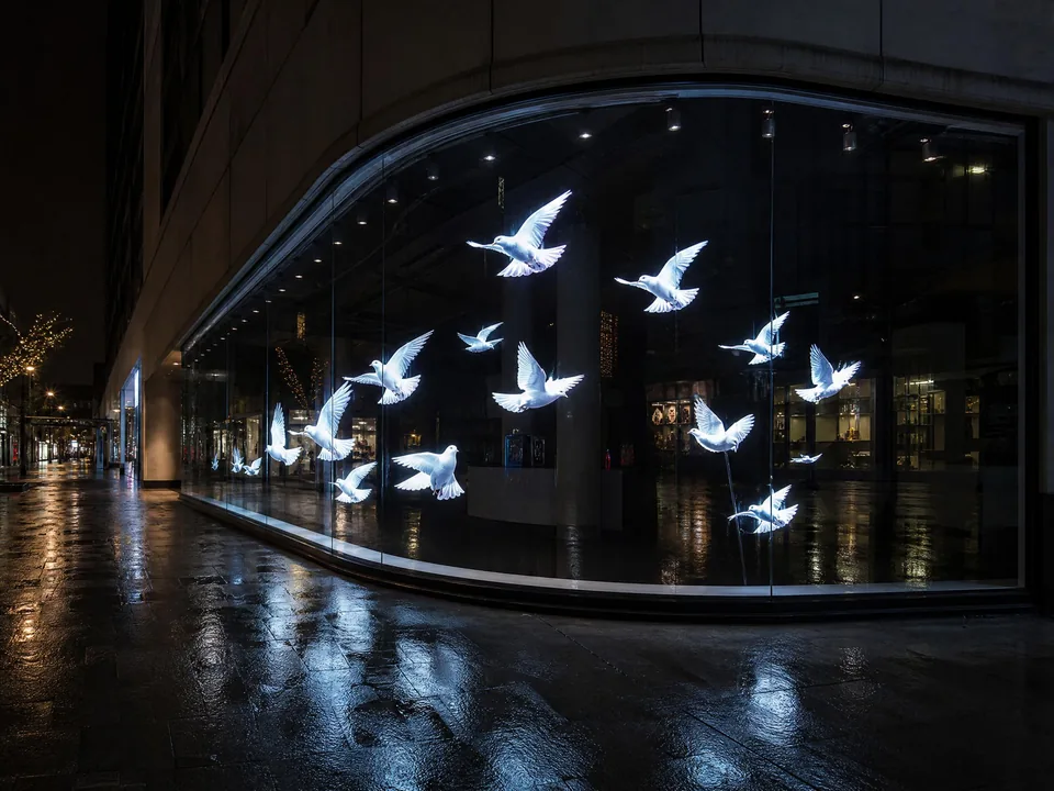 Curved glazing carrying an invisible holographic LED screen