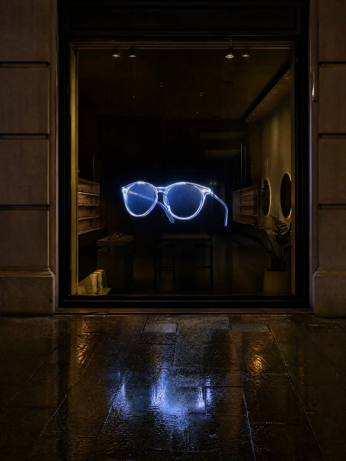 Picture floating behind a shop window at night, run on a day and night programme