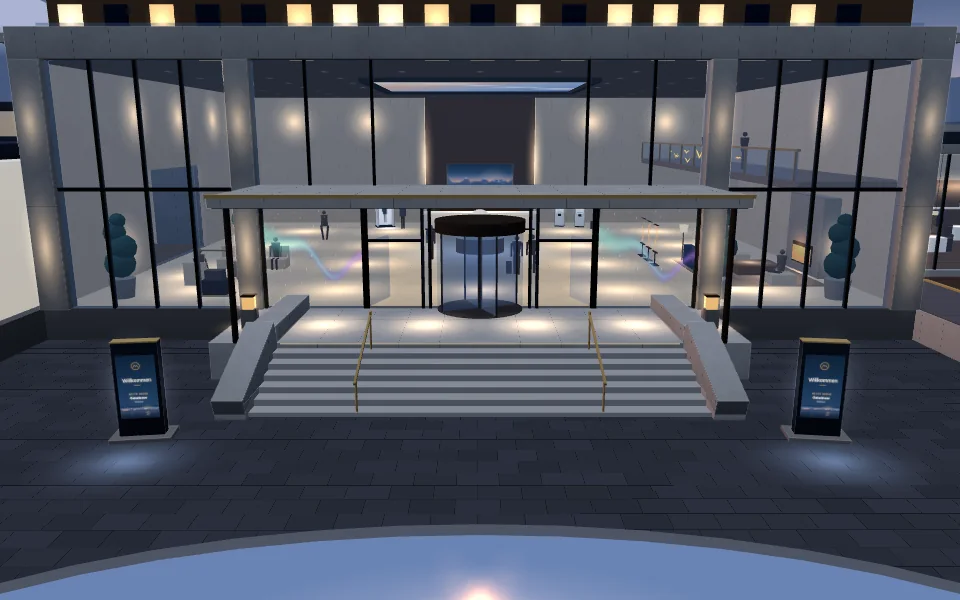 Das 3D-Hotel in der Abenddämmerung: die beleuchteten Steinstufen, das Vordach und je ein Totem auf beiden Seiten der Treppe