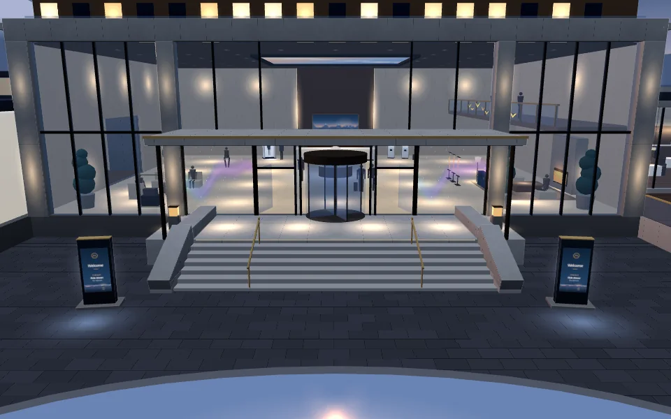 The 3D hotel at dusk: the lit stone steps, the canopy and a totem on each side of the steps