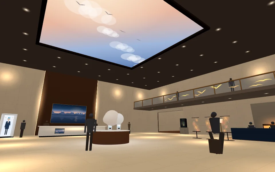 The 3D hotel lobby: an LED ceiling showing an evening sky, golden birds in the glass balustrade of the gallery