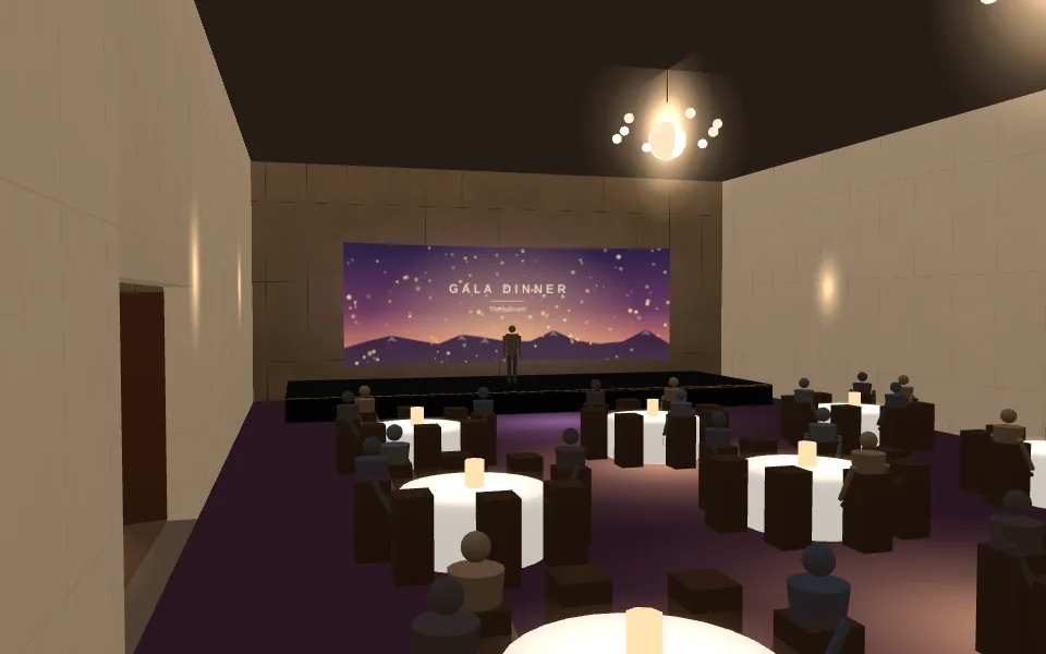 The 3D hotel ballroom set for a gala, round tables lit by candles, the curved LED wall behind the stage