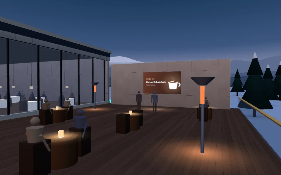 Die Terrasse des 3D-Hotels in der Abenddämmerung, Tische mit Laternen und ein Outdoor-LED-Bildschirm an der Steinmauer